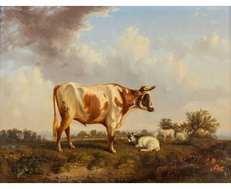 J. VOJAVE (XIX) 'Cow and sheep' oil on a mahogany panel.Signed and dated lower left, 1851.&nbsp;Dimensions: (W:40 x H:30,5 cm