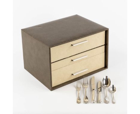 Christofle Vendome, 62-piece silver-plated cutlery in a storage box. There are 10 pieces for each model (Large knives, small 