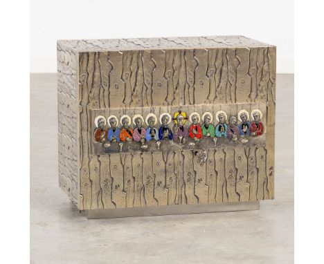 A modernist tabernacle, scène from 'The Last Supper', enamel on silver-plated metal.Dimensions: (L:29 x W:45 x H:39 cm)