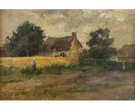 Frantz BINJÉ (1835-1900) 'Summer view of a farm' oil on canvas.Oil on canvas, but maroufled on a wood panel.&nbsp;Signed lowe