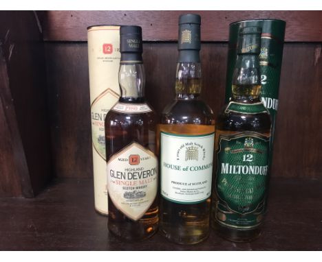 MILTONDUFF 12 YEARS OLD Active. Elgin, Moray. 70cl, 43% volume, in tube. GLEN DEVERON 1980 AGED 12 YEARS Active. Macduff Dist