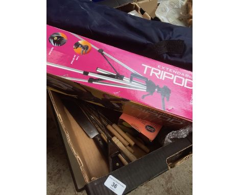 A box of kitchenware, a tripod, a camping chair, etc 