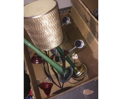 A box including digital scales, tall vase and table lamp 