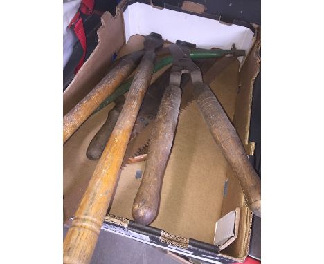 A box containing hand saw, loppers and garden shears 