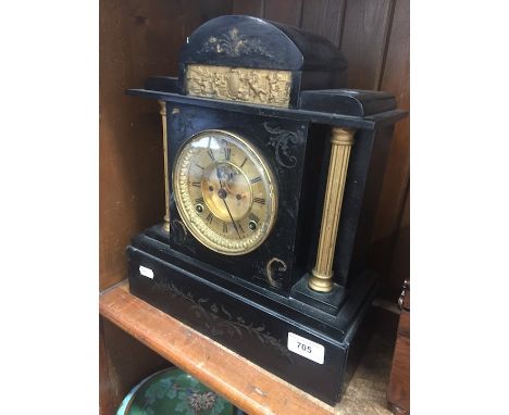 Black slate Victorian mantel clock with revealed escapement 