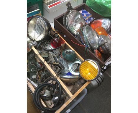 2 boxes of vintage car parts, etc 
