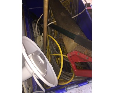 A box of misc cables, an axe, etc 