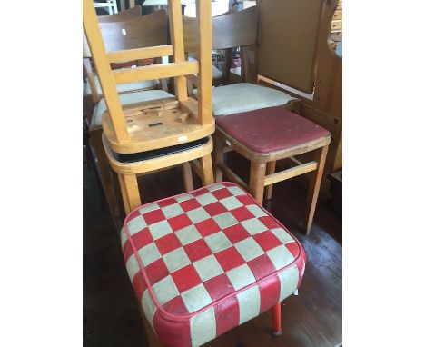 Three retro stools and a retro rexene pouffe on spindle legs. 