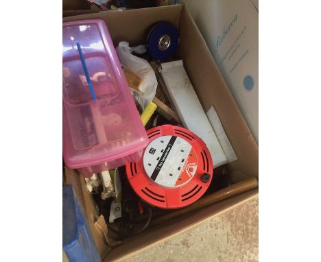 A box of misc tools and household items to include cable reel, matches, boxes, etc 