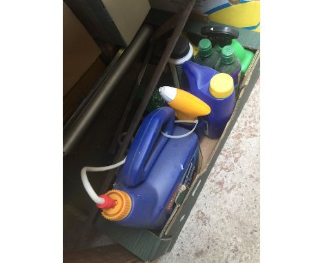 A box of misc chemicals and cleaning pathway bottles, tools, etc 