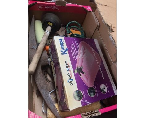 A box of misc to include tools, junior inflatable bed, etc 