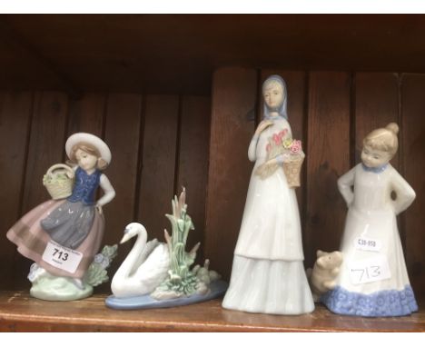 Small lladro girl, Lladro swan and two other figures 