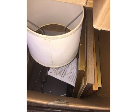 A box including a printer, pictures and a table lamp 