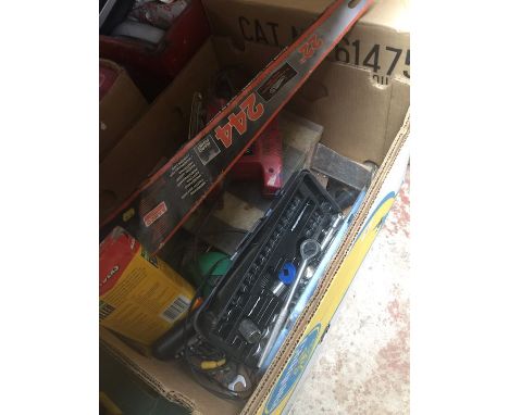 A box of misc tools to include socket set, sander, saw, etc 