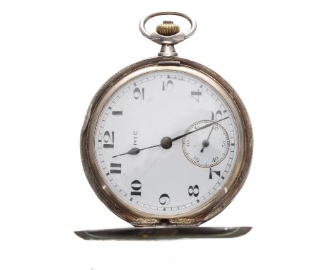 Unic silver (0.900) lever hunter pocket watch, signed movement with compensated balance and regulator, signed dial with Arabi