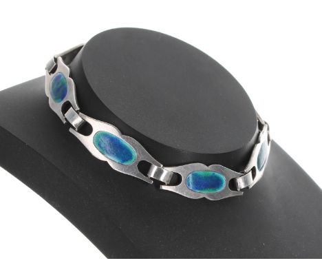 Arts &amp; Crafts silver and enamel bracelet by Murrle Bennett &amp; Co., with seven enamelled panels and safety chain, marke