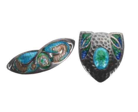 Arts &amp; Crafts silver and enamel shield shaped brooch by James Fenton, Birmingham 1908,5.3gm, 25mm x 22mm; together with a