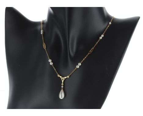 Attractive modern 9ct cultured pearl set necklace, with a pear shaped end drop, 3.6gm, 15" long approx 