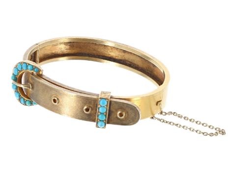 Victorian yellow metal turquoise set buckle bangle, with safety chain, 15.4gm, 60mm 