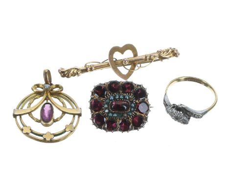 19th century gold mounted garnet and seed pearl brooch, 4.3gm, 18mm x 21mm; gold plated pendant, gold heart and arrow brooch 