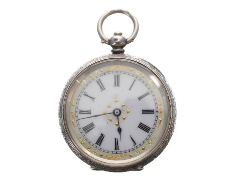 Silver (0.935) cylinder engraved fob watch, 38mm (key) Movement - currently functioning.Dial - light marks.Glass - light surf