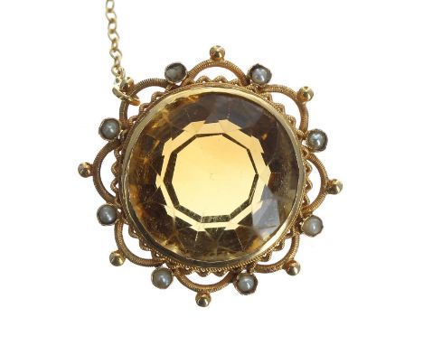 Yellow gold mounted citrine and pearl circular brooch, with safety chain, 9.6gm, 28mm (lacking pin) 