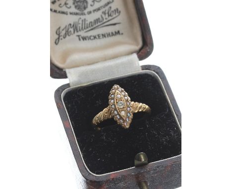 Victorian 18ct marquise seed pearl and diamond ring, Birmingham 1876, 3gm, 14mm x 7mm, ring size L  - ** with box 