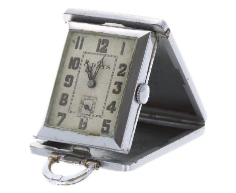 Art Deco nickel chrome cased 8 Days folding purse watch, engine turned rectangular silvered dial with luminous Arabic hands a