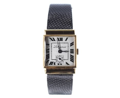 Longines 18k square cased gentleman's wristwatch with concealed lugs, circa 1929, signed silvered dial with black enamelled b