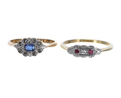 18ct and platinum sapphire and diamond cluster ring, width 8mm, 2.4gm, ring size O/P; also an 18ct ruby and diamond dress rin