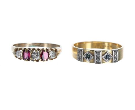 Two 18ct sapphire and ruby diamond set rings, 5gm in total (2) 