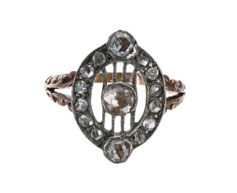 Attractive antique rose-cut diamond lyre design dress ring,&nbsp;estimated 1.00ct approx in total, 18mm x 13mm, 2.9gm, ring s