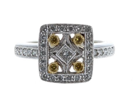 Fancy 18k white gold yellow and white diamond dress ring with set shoulders, width 11.5, 6.7gm, ring size K 