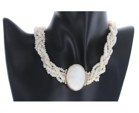 Attractive pearl multi-strand necklace with an oval gold mounted coral cameo portrait clasp set with diamonds, the clasp 35mm