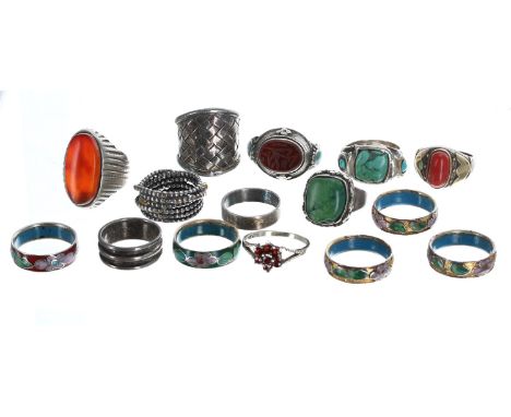 Collection of silver and enamel rings, 73.7gm (15) 