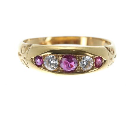 Victorian 15ct yellow gold ruby and diamond gypsy ring, width 7mm, 3.4gm, ring size O 