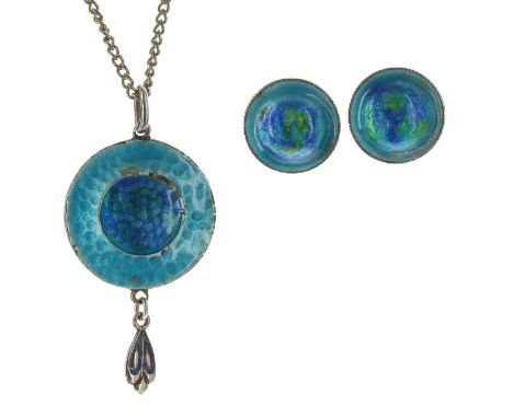 Arts &amp; Crafts silver and blue enamel round drop necklace and earrings by James Fenton, hallmarked Birmingham 1909 and 191