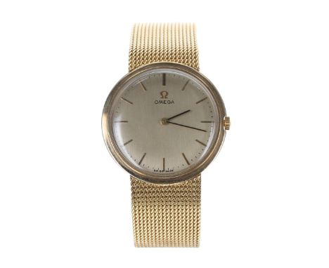 Omega 9ct gentleman's bracelet watch, circular silvered dial with applied baton markers, minute markers, black hands, case in