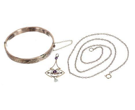 9ct engraved hinged bangle with safety chain, 7.7gm (at fault); 9ct necklet 3.4gm; also a 9ct amethyst and pearl set pendant,