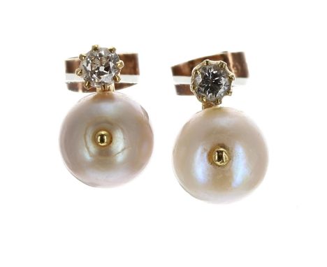 Pair of yellow gold pearl and diamond earrings, old mine-cut, the pearls 7.8mm, 3.1gm in total, 12mm 