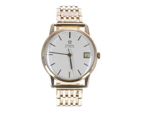 Omega 9ct automatic gentleman's bracelet wristwatch, circular silvered dial with baton markers, centre seconds and date apert