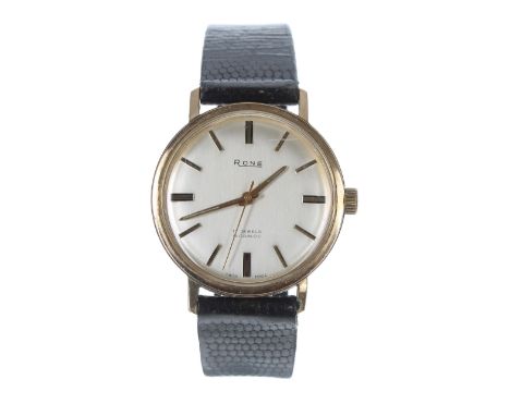 Rone 9ct gentleman's wristwatch, silvered dial with baton markers and centre seconds, 17 jewels,  black strap, 35mm Movement 