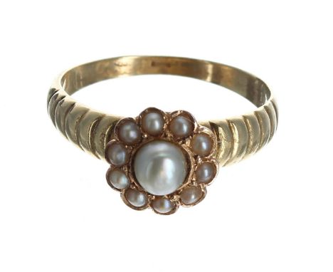 Attractive antique 18ct pearl cluster ring, 10mm, 3.7gm, ring size S 