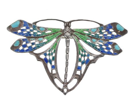 Arts &amp; Crafts silver and enamel butterfly brooch, maker 'AM or AN?', 17.8gm, 85mm&nbsp; x 54mm 