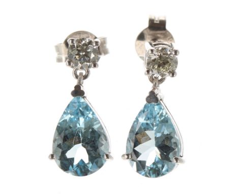 Good pair of 18k modern white gold aquamarine and diamond drop earrings, the aquamarines estimated 1.25ct each approx , set b