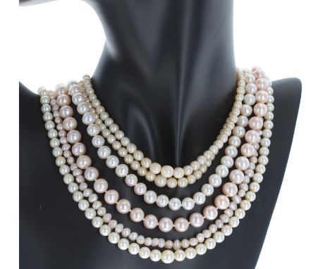 Five cultured pearl necklaces with mostly 9ct clasps, 140.1gm (5) 