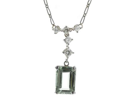 Attractive platinum aquamarine and diamond set necklace,&nbsp;the aquamarine 6.40ct approx, set beneath five princess-cut dia