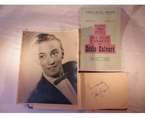 Signed photo' of Eddie Calvert along with a 1955 programme from Doncaster &amp; an autograph book containing Eddie Calvert's 