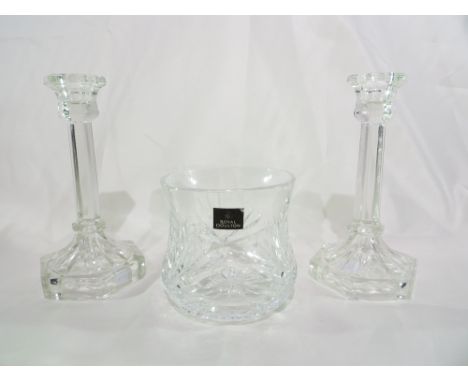 A Royal Doulton glass vase with 2x glass candlestick holders.