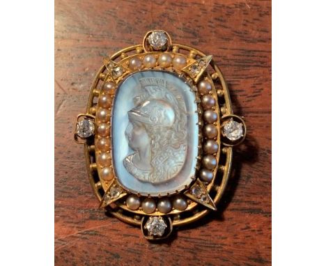 Superb 18ct gold brooch with a rock crystal intaglio with diamonds and seed pearls